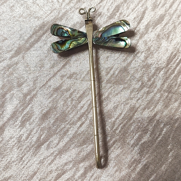 Abalone Shell Alpaca Mexico Signed Sterling Dragonfly Long Bug Vintage Brooch - Picture 1 of 10